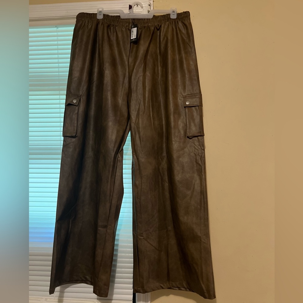 PrettyLittleThing Plus Brown Faux Wide leg Cargo Pants